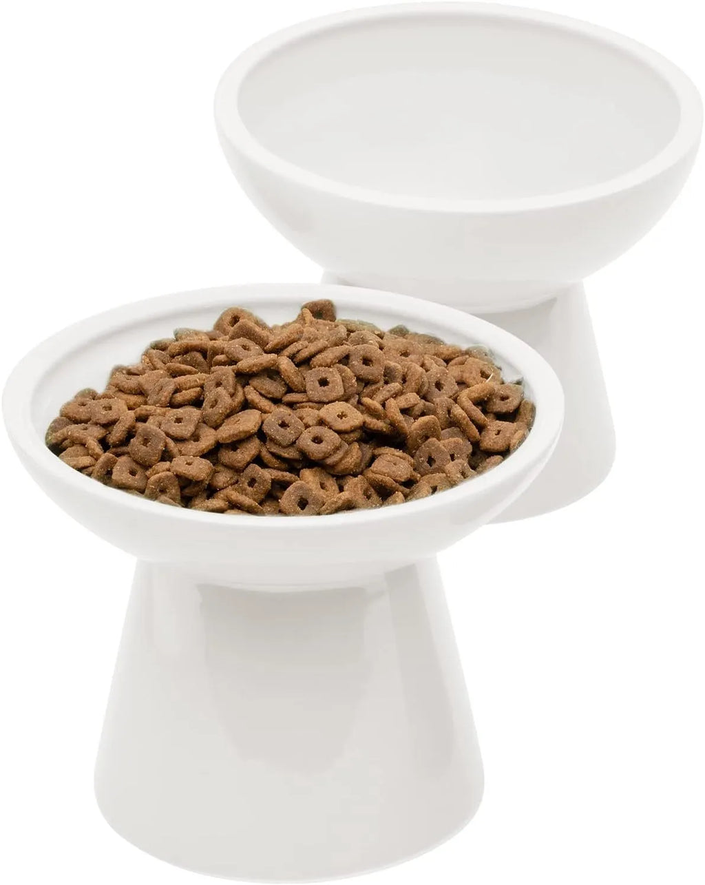 Blue ceramic elevated cat food bowl with wide shallow dish on a white surface.
