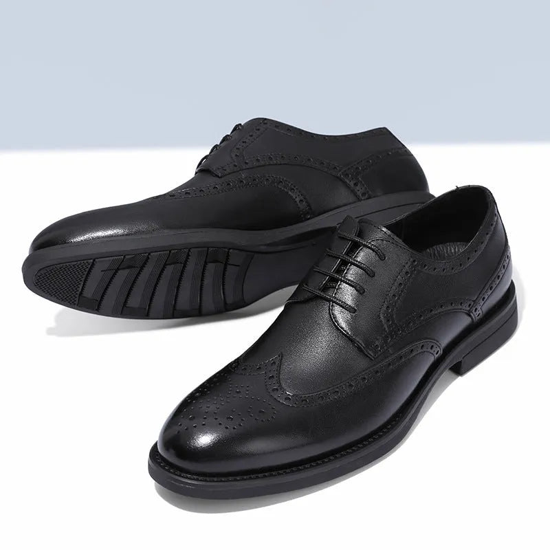 Men's black and brown brogue leather shoes for business wear with traditional detailing