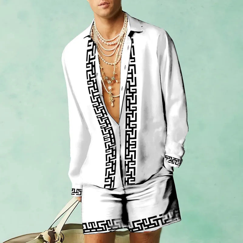 Slim fit long sleeve shirt and matching shorts casual summer set in polyester.