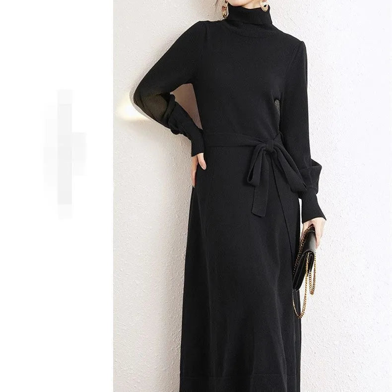 Turtleneck knitted dress with long sleeves, elastic waist, and loose hem in rose red, black, red, or blue colours