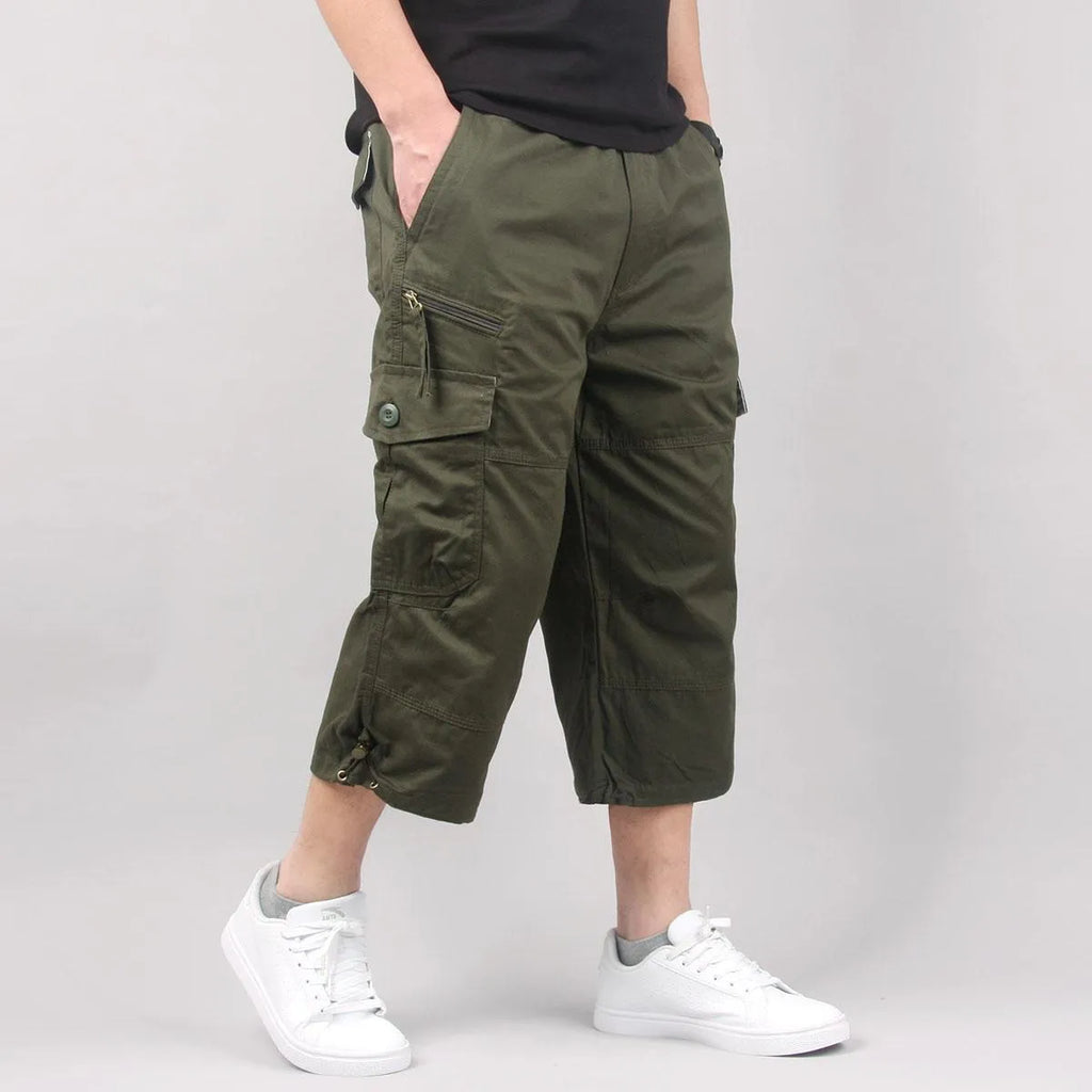 Men's cotton cropped casual pants in khaki, black, dark grey, or army green with loose fit