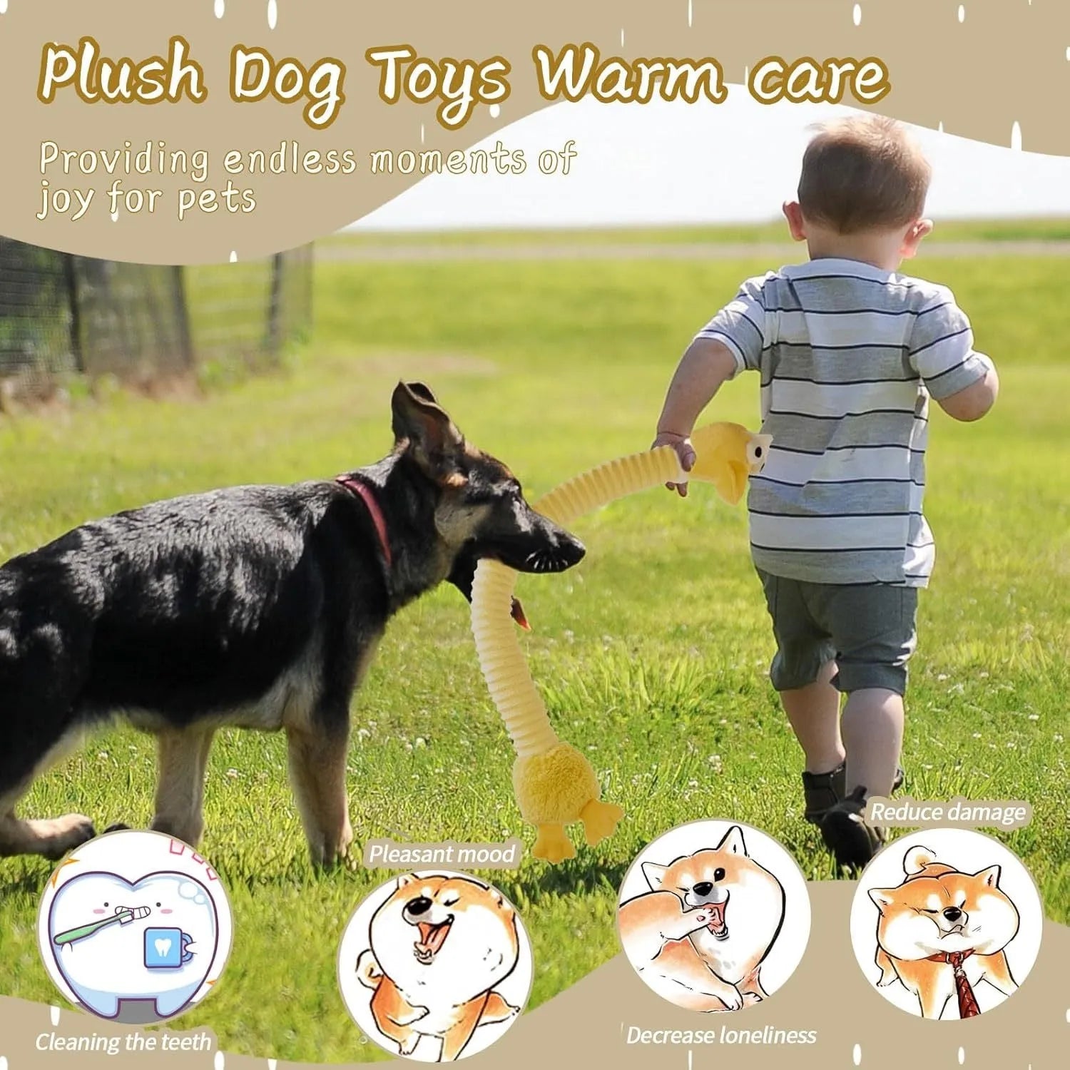 Brown squeaky plush dog toy with crinkle material measuring approximately 23cm in length