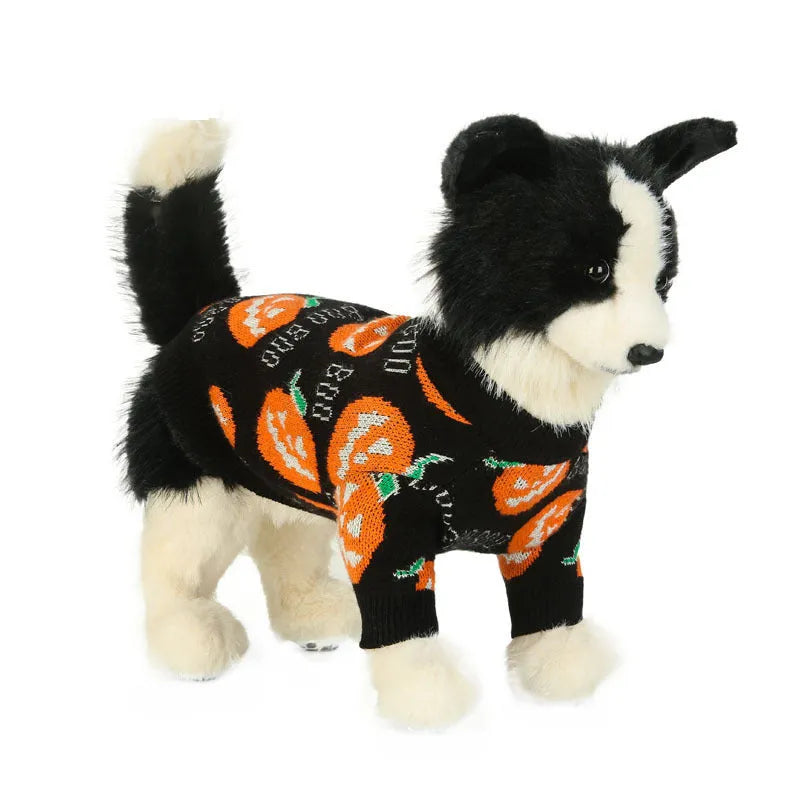 Halloween dog sweater with pumpkin pattern on black polyester fabric