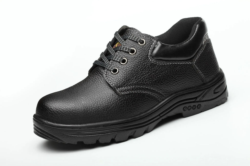 Men's black safety shoes with steel toe cap, flyknit upper, TPU sole, anti-slip workwear