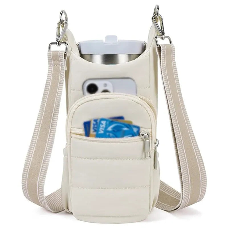 Cloth water bottle bag for mounting on bicycle handlebars in beige colour
