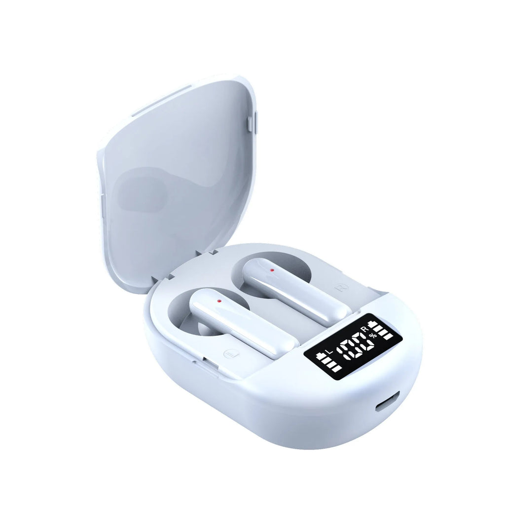 Black and white wireless Bluetooth in-ear headphones with a charging bin.