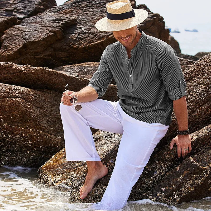 Men's casual long sleeve stand collar solid colour cotton blend pullover shirt in khaki