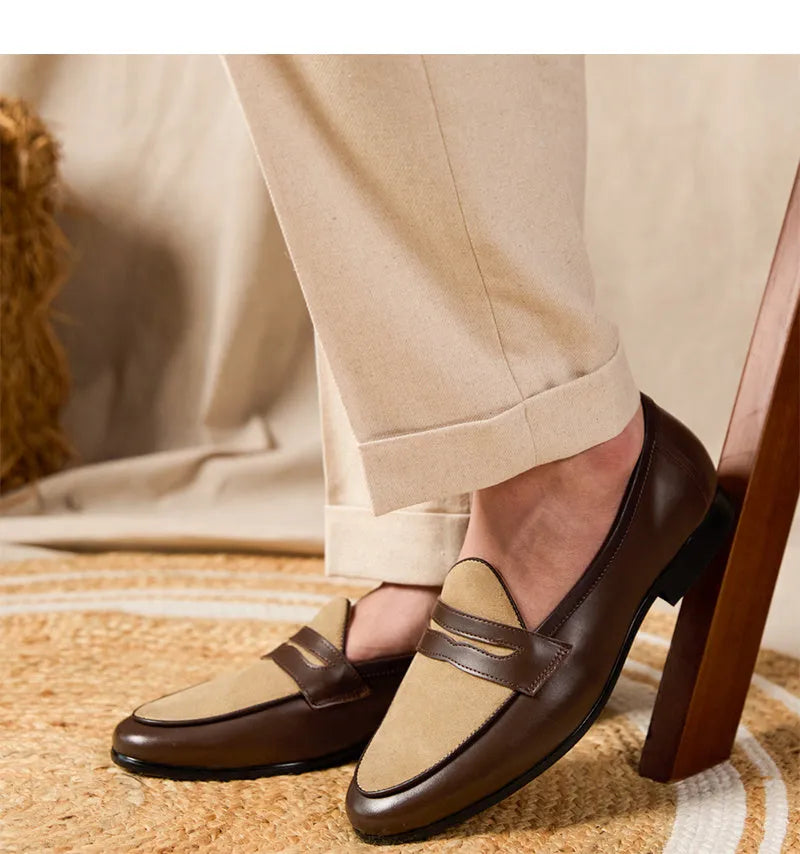Coffee grey suede leather loafers with an elastic kick tab closure and a rubber sole.