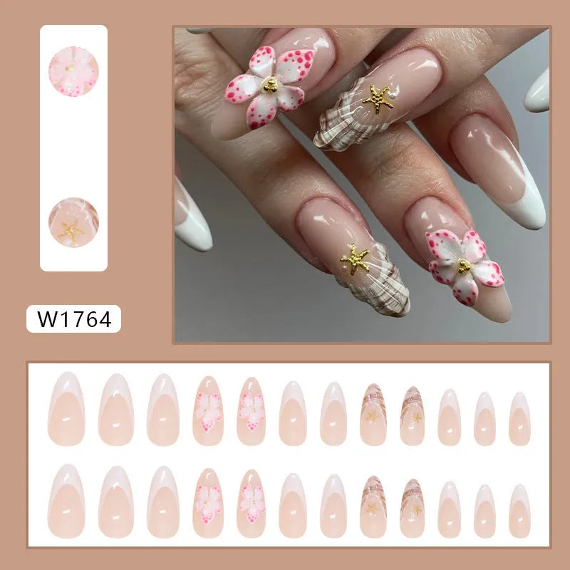 French style plastic press-on artificial nails with rock pattern and simple flower patches in W1764 colour.