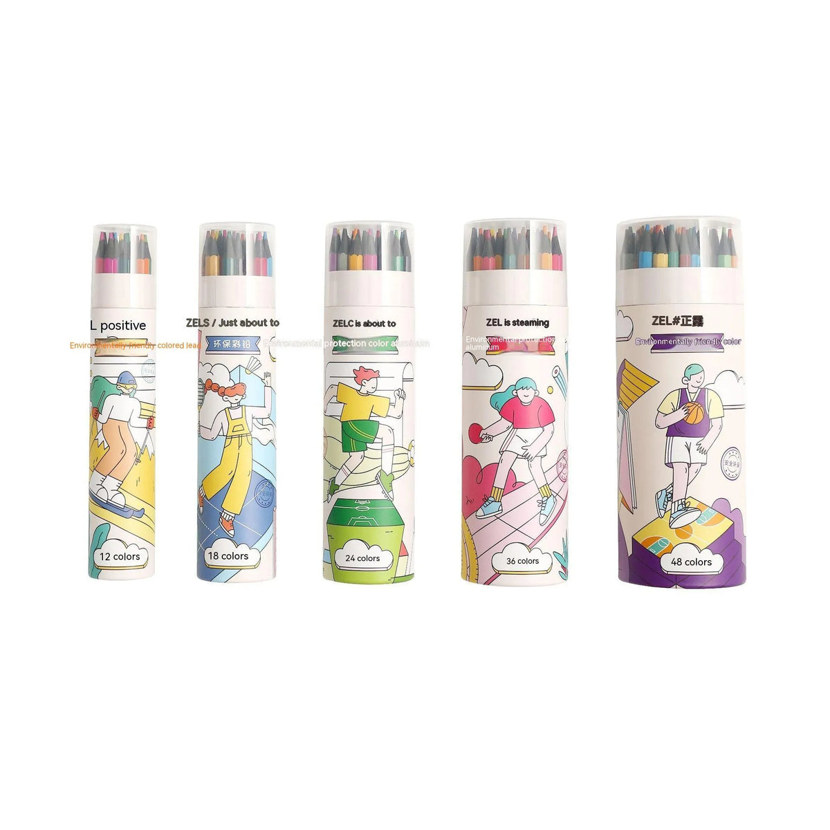 Zhenglin Sports colouring pencils in sets of 12, 24, and 36 colours with paper barrels.