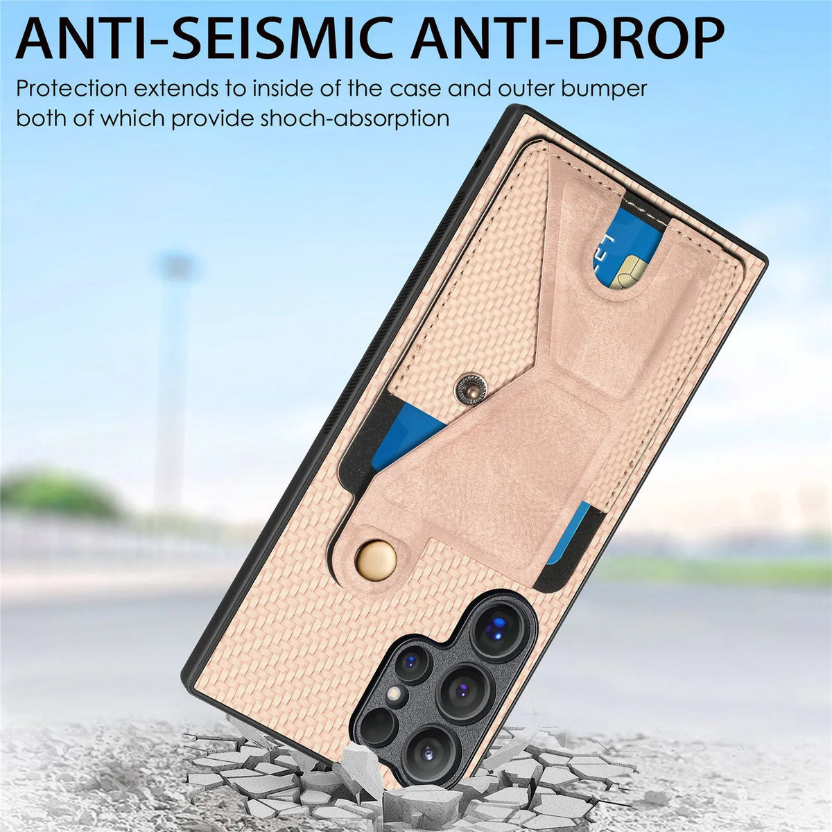 Samsung Galaxy phone case in black with card slot and kickstand, PU leather back cover