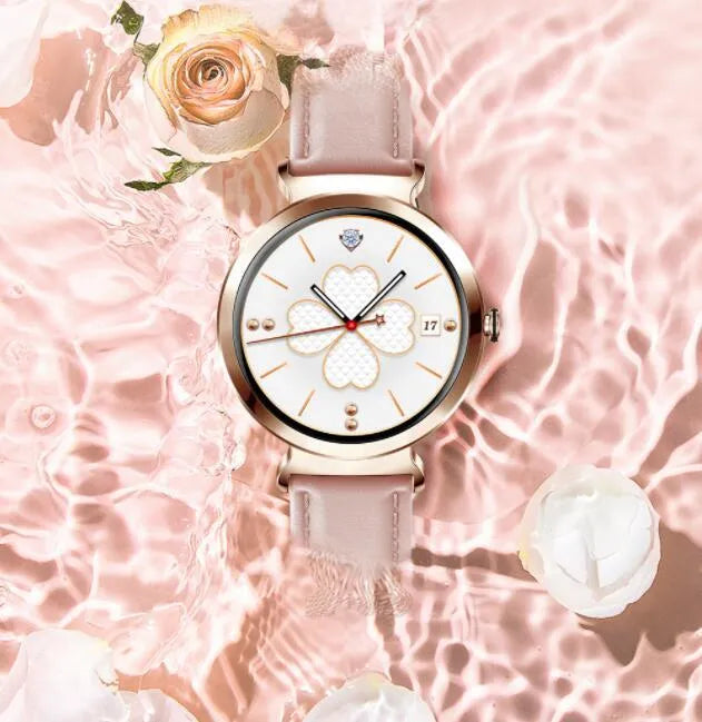 Zinc alloy smart bracelet for ladies with a 1.28-inch screen, shown in multiple colour options.