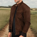 Vintage zipper suede jacket for mature men in brown, long sleeves, straight hem, size stick pockets