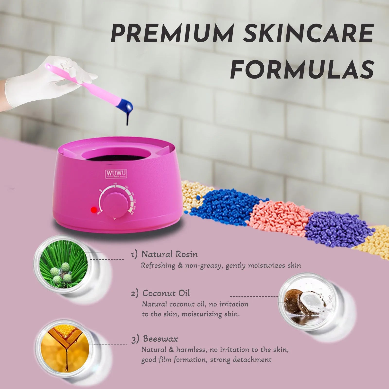 Professional waxing kit with wax warmer, pots of hard wax beans, applicator sticks, post-care lotion, and ice masks.