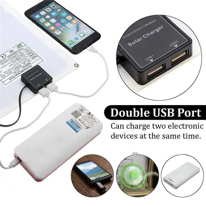 Portable polycrystalline silicon solar panel with dual USB charging ports for outdoor use.