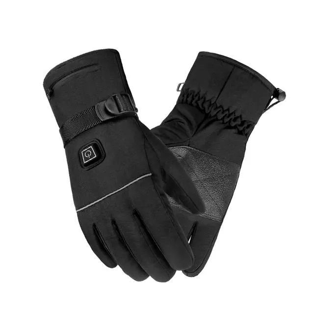 Pair of black electric heated gloves with touchscreen fingertips and zipped battery pocket, 28 cm length.