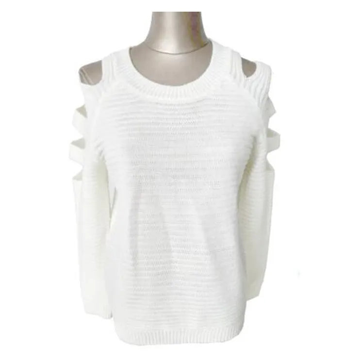 Women's grey hollow-out crochet knitted long sleeve shirt with round neck on a hanger.