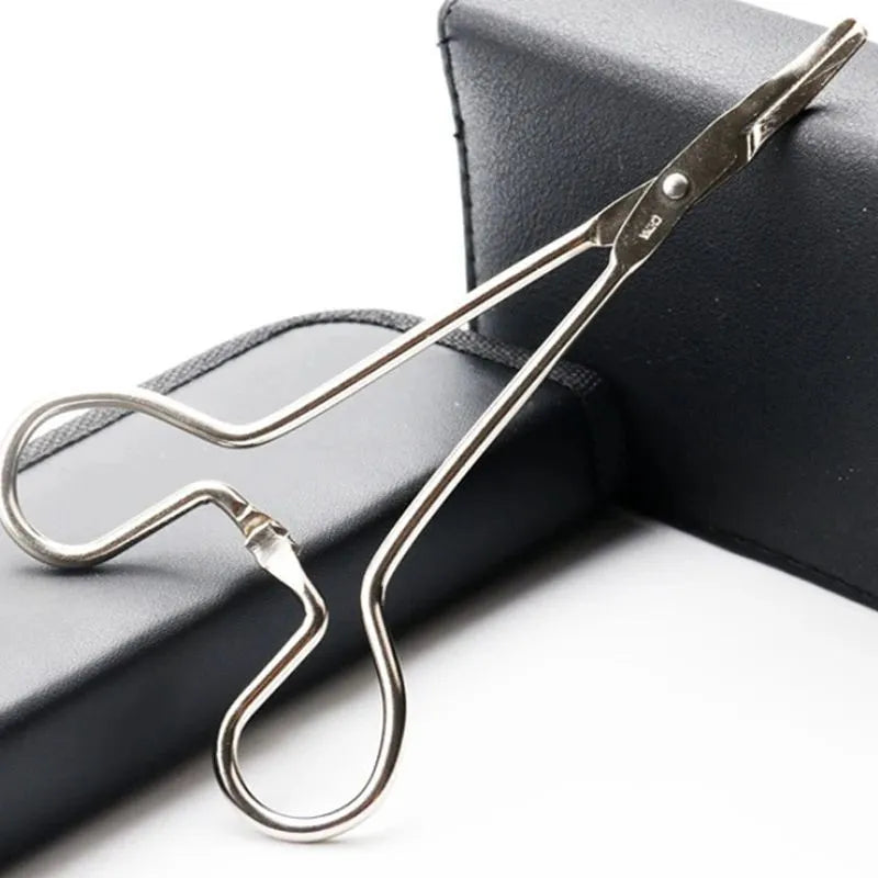 Silver stainless steel pet ear tweezers with curved tip and anti-slip handle on white background
