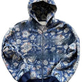 Blue loose zip hooded coat for men with digital printing design and hood