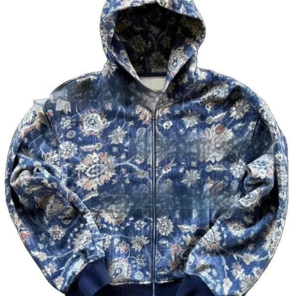 Blue loose zip hooded coat for men with digital printing design and hood