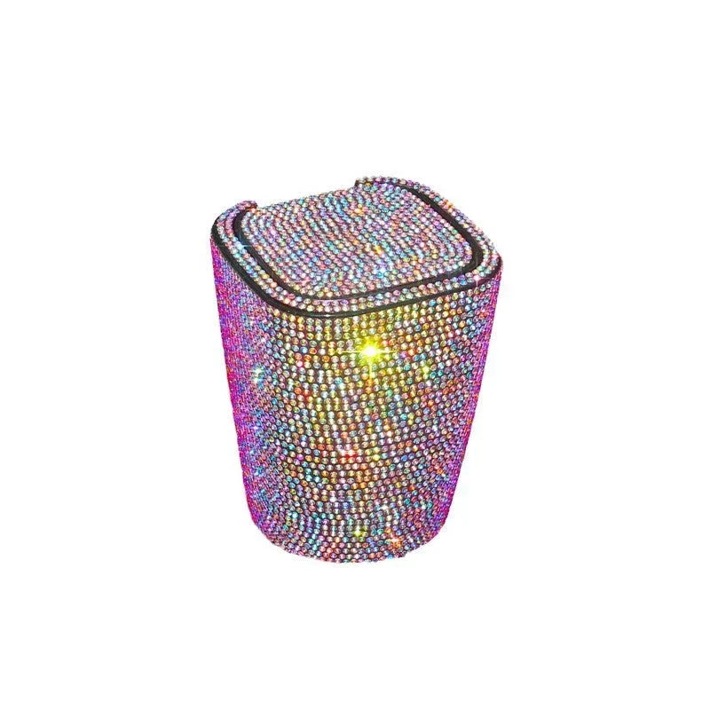 Diamond-embedded car ashtray with lid, air outlet hanging design, plastic cast body, available in nine colours.