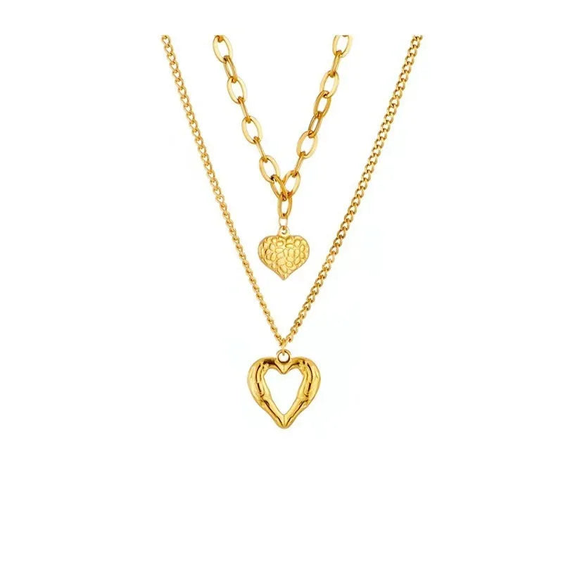 Titanium steel angel wings love necklace set with two heart-shaped pendants on O-shaped chain, silver finish