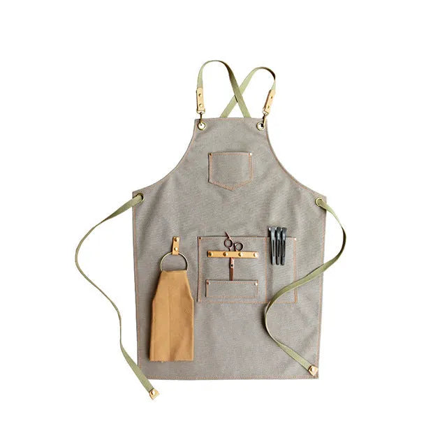 Canvas apron with cross back straps in camel colour for café or baking work