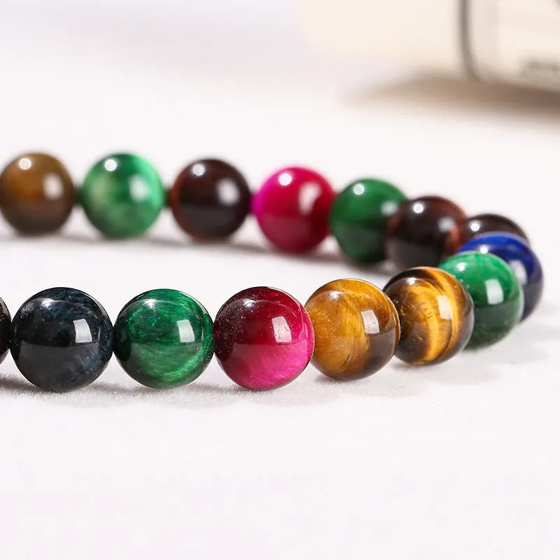 Colourful Tiger Eye stone bead bracelet with mixed string in geometric round design