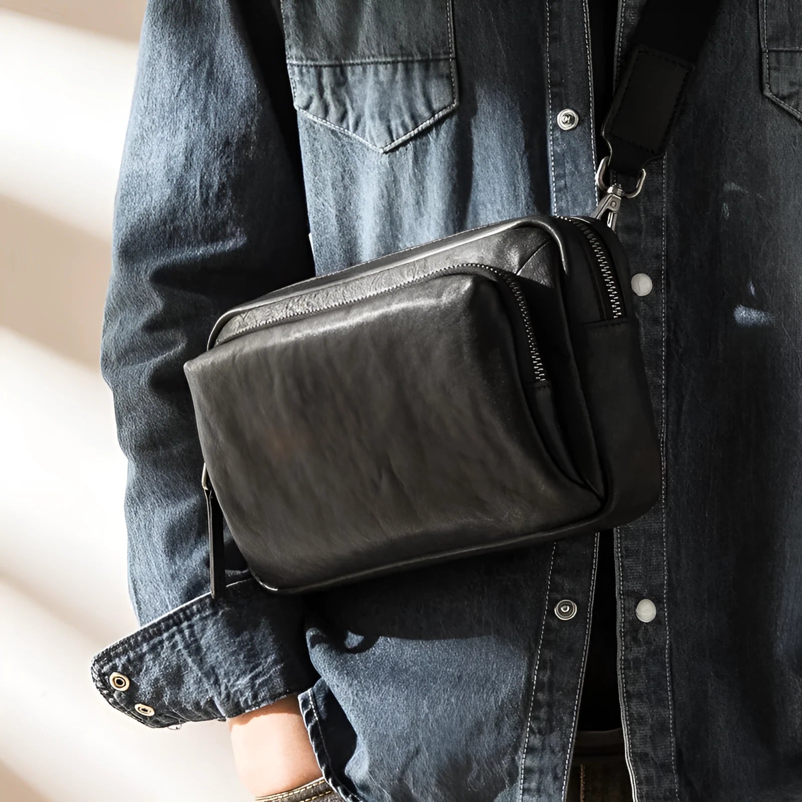 Black cowhide leather shoulder bag with zipper closure and interior organisation pockets