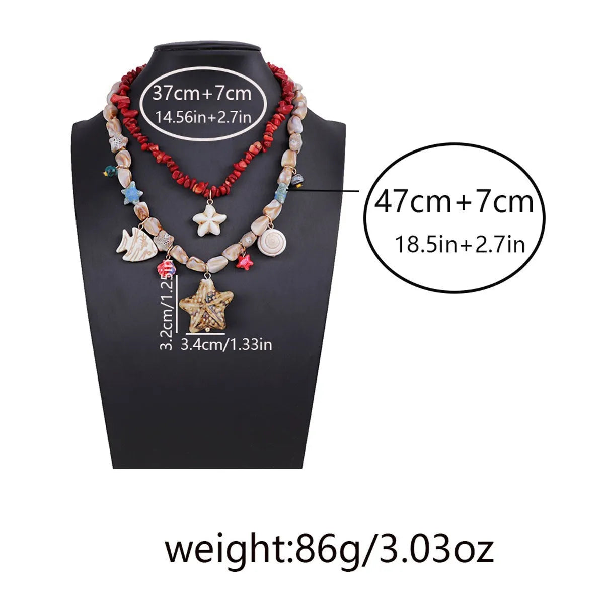 Gold marine life clavicle chain with conch shell and starfish pendant on display