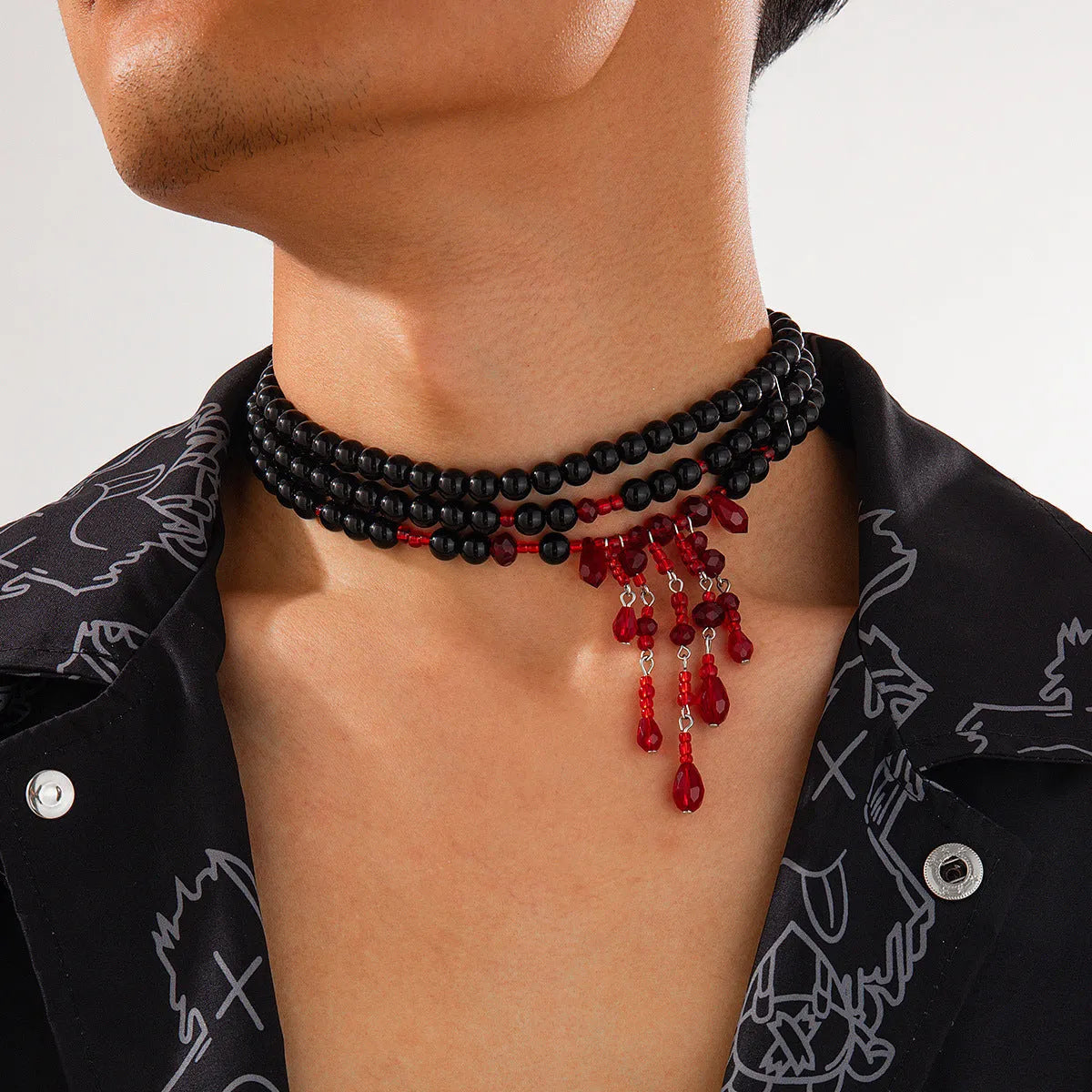 Men's geometric blood drop necklace with crystal and imitation pearl on adjustable chain in red and black colour option