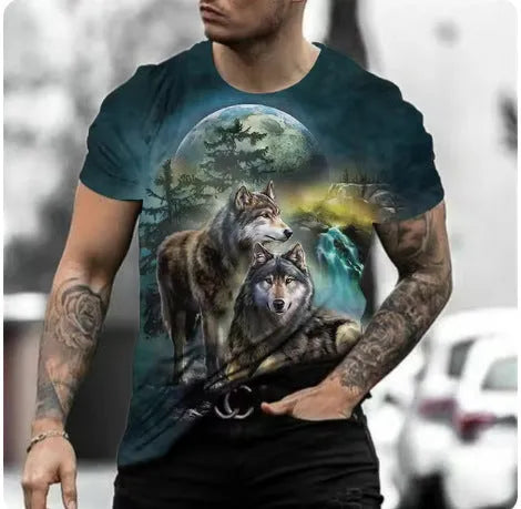 Retro 3D animal graphic printed on a man's thin, light grey short-sleeved T-shirt.