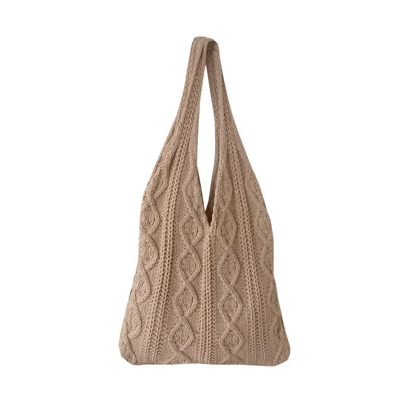 Women's retro knitted wool shoulder tote bag in a solid colour with double straps, shown with a 55cm width.