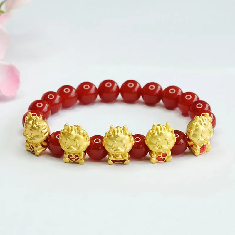 Red agate Chinese dragon bracelet with 8mm beads and traditional cultural design
