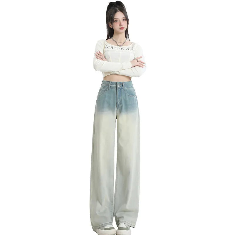 Women's gradient blue straight-leg wide trousers made from cotton denim fabric