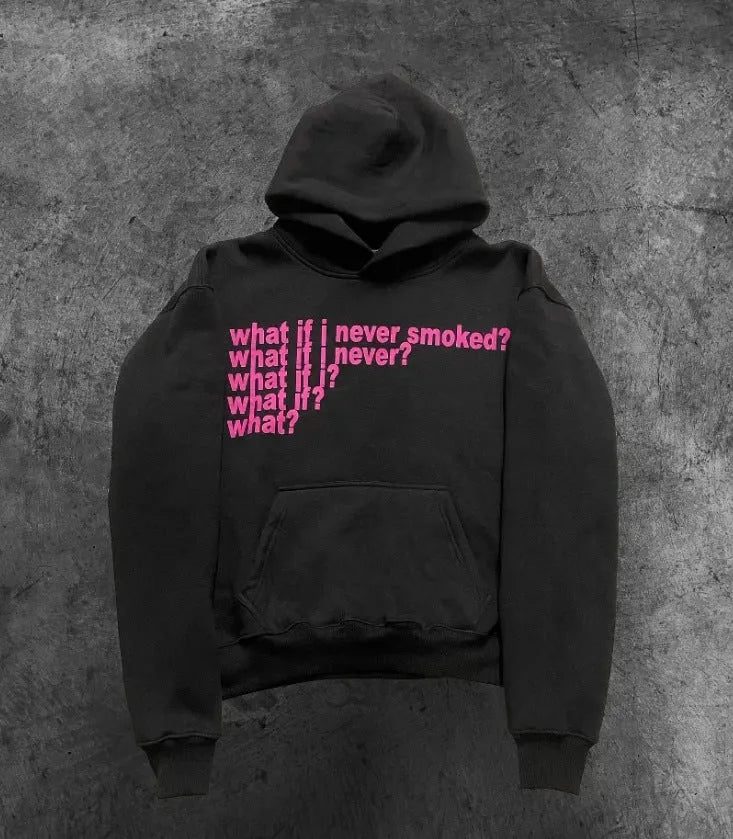 Black hooded sweater with white letter print on the front, shown on a model.