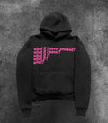 Black hooded sweater with white letter print on the front, shown on a model.