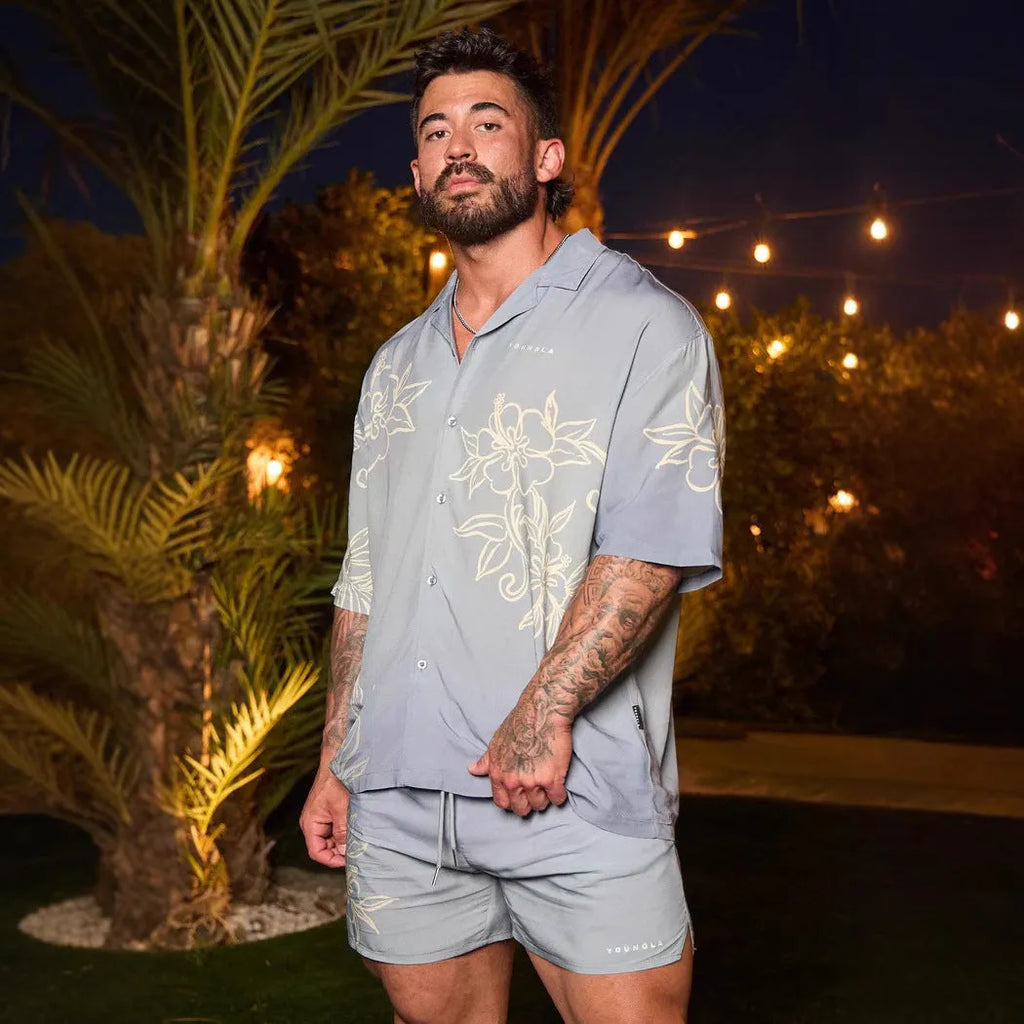 Men's loose fit short sleeve top with floral pattern in polyester elastic fabric for summer