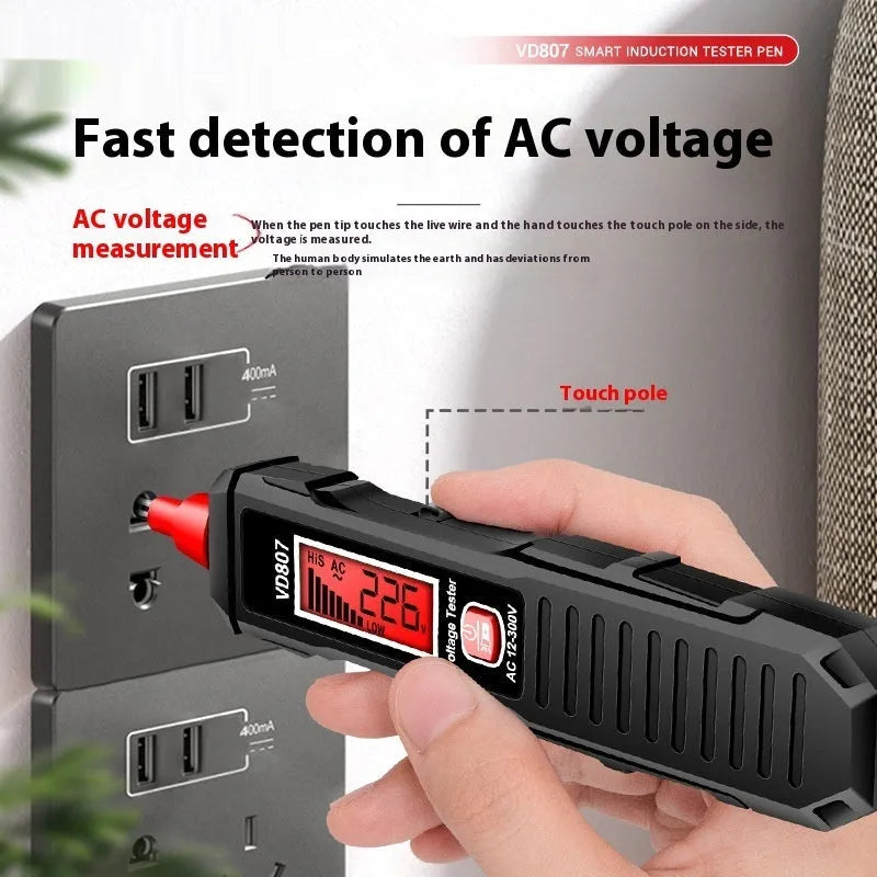 Black and red digital voltage testing pen with LCD display for 12V-300V detection