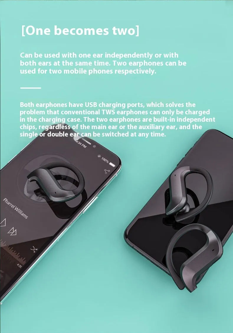 Black plastic ear-mounted wireless TWS Bluetooth headset with digital display screen for battery level