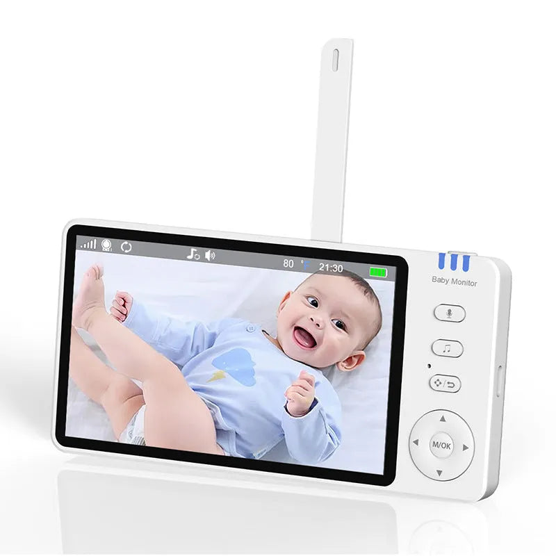 White wireless baby monitor with 5-inch HD screen showing baby room temperature display