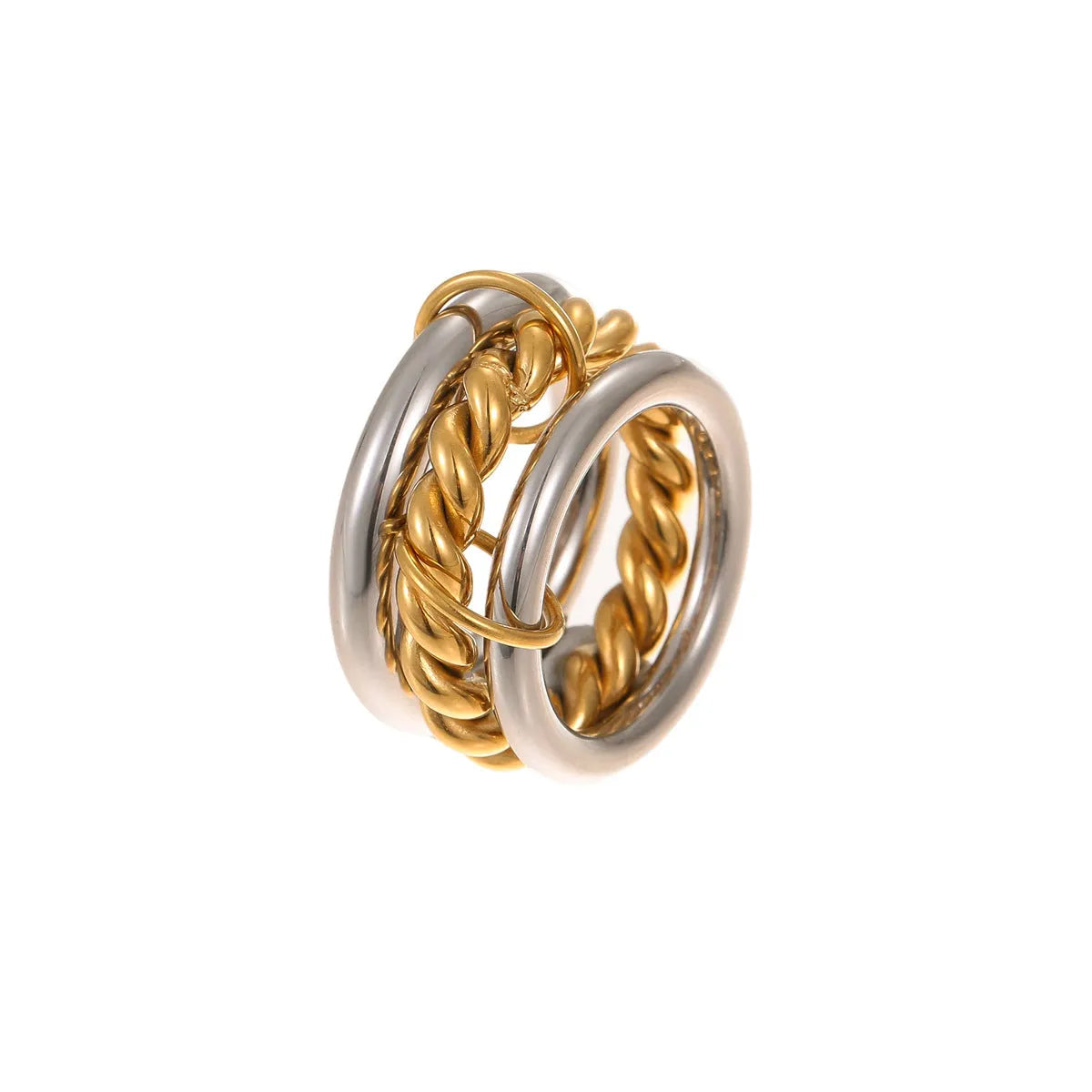 Stacked stainless steel ring set with 18K gold plating, exaggerated design for women.