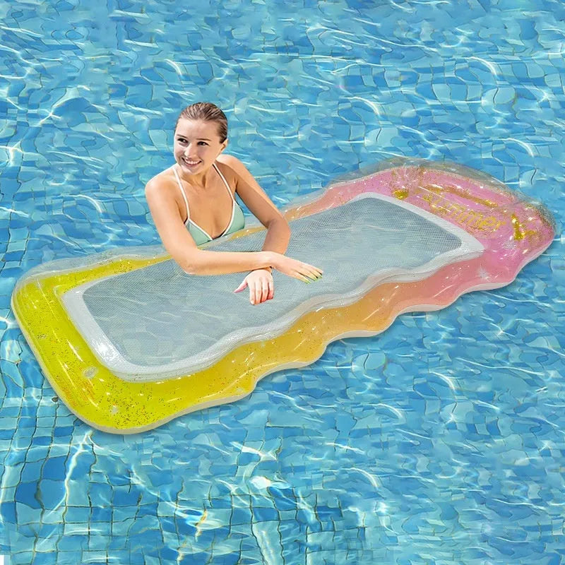 PVC inflatable floating row with gradient sequined designs in blue, pink, and purple colours for pool use