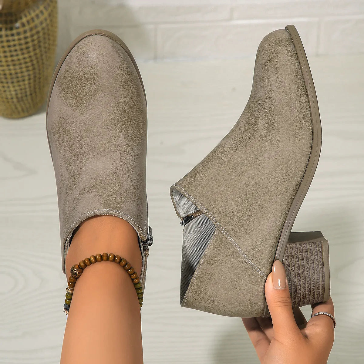 Chunky heel round toe ankle boots for women with side zipper in black, synthetic leather