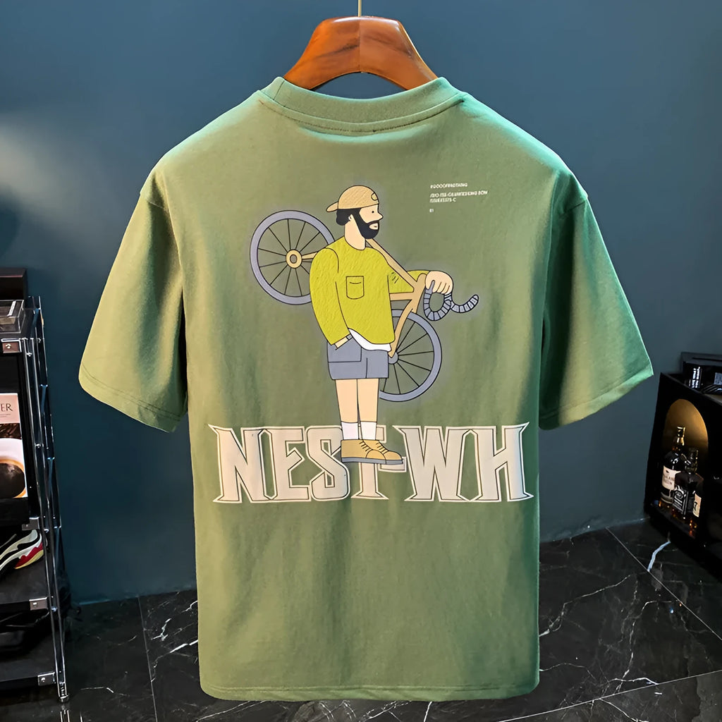 Green loose fit men's printed t-shirt with short sleeves on hanger
