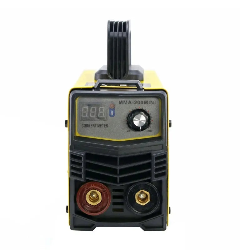 MMA-200MIN 220V DC inverter welding machine with welding tongs, ground clamp, face shield, and brush on hanger.