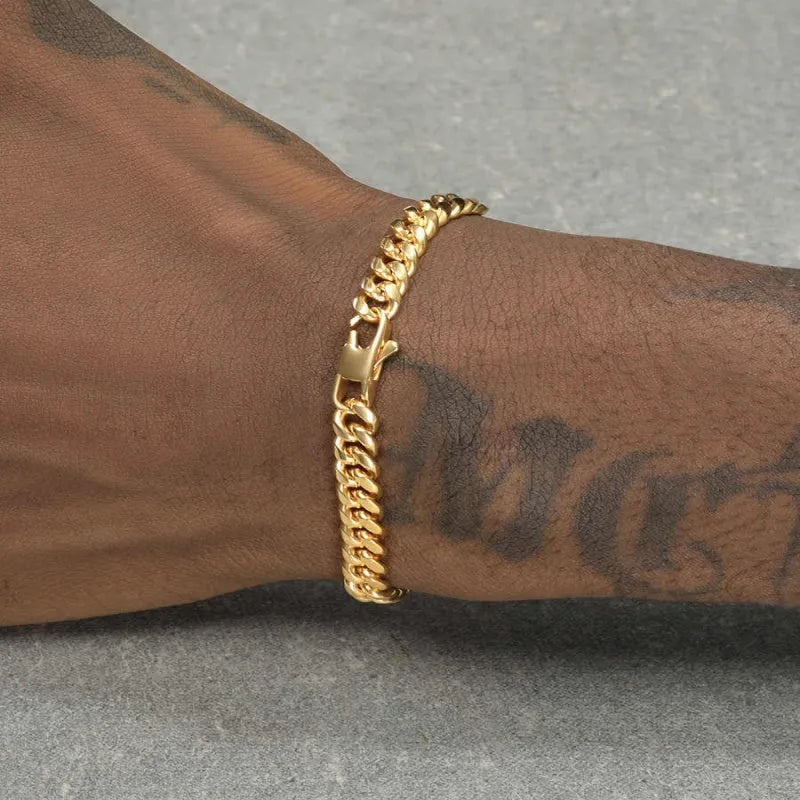 18K gold thin Cuban chain bracelet for men in titanium steel with vacuum electroplated finish, gold colour