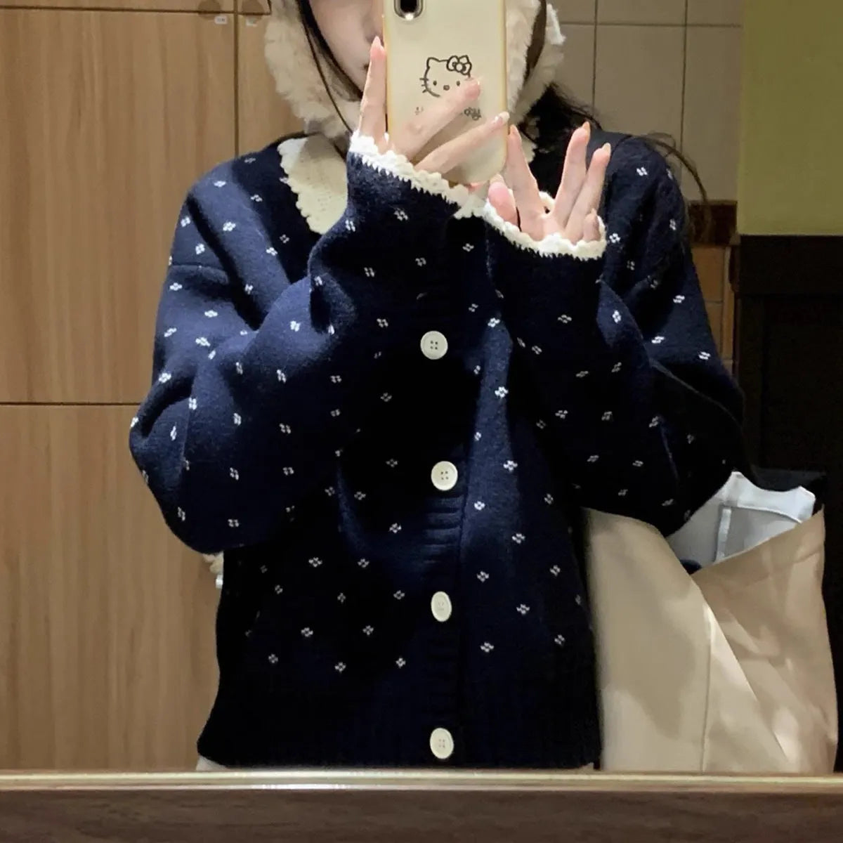 Retro Peter Pan collar knitted cardigan coat with floral embroidery in navy blue colour