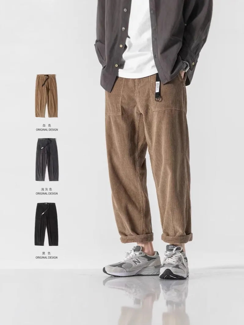 Loose straight tapered pants for men in dark gray, wide leg style, chemical fibre blend