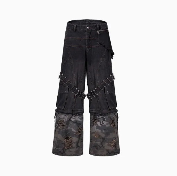 Grey men's camouflage jeans with splicing construction and pin details on cotton denim fabric
